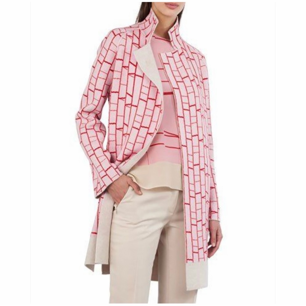 Akris Broken Stripe Lines Cashmere Reversible Sweater Coat Jacket Pink Tan 12